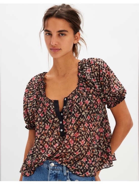 Free People Tops - Free People Size M Floral Puff Sleeve Peasant Top - Black with Pink Floral